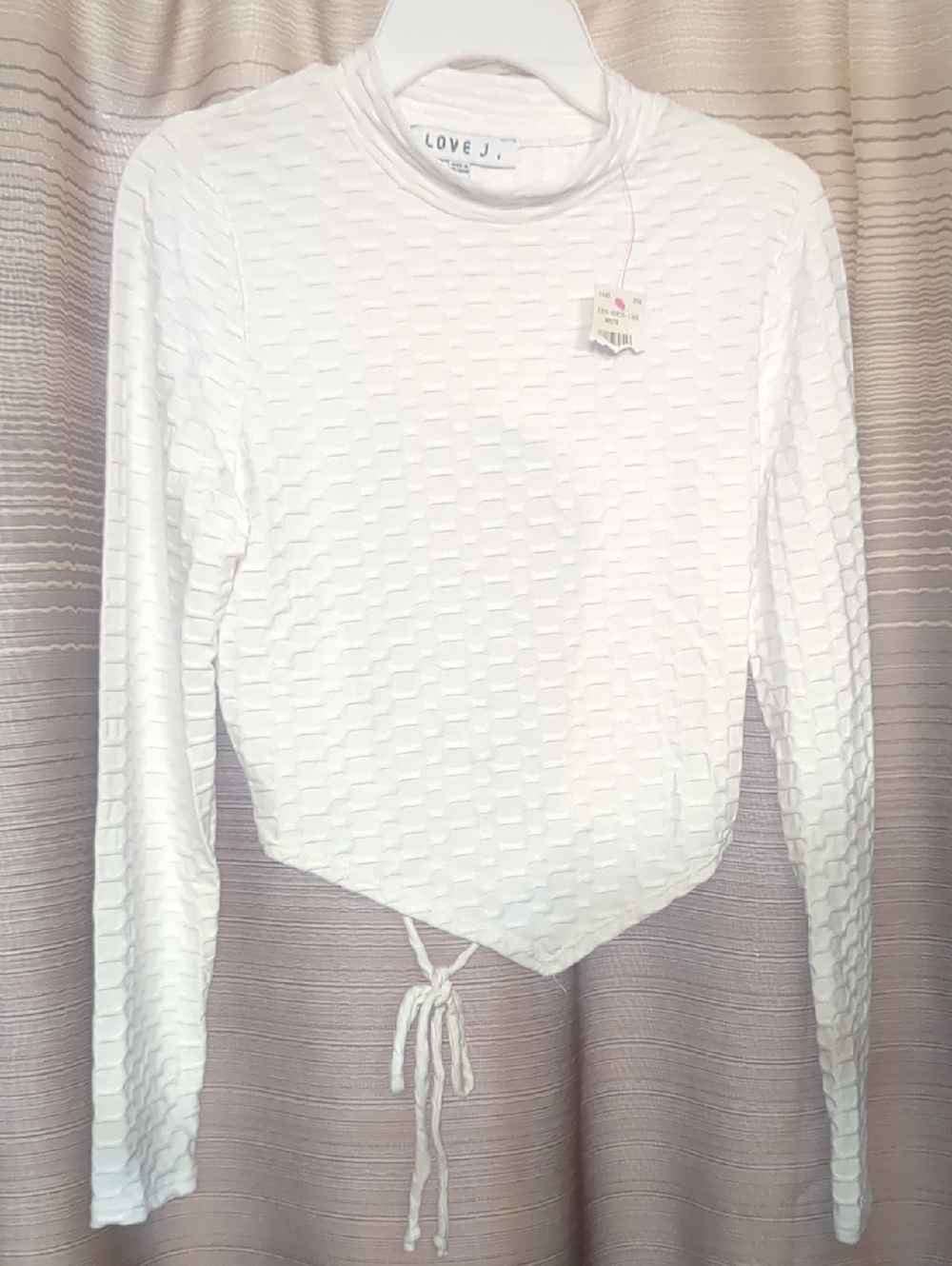 love J White Textured Drawstring Long Sleeve Crop Top
